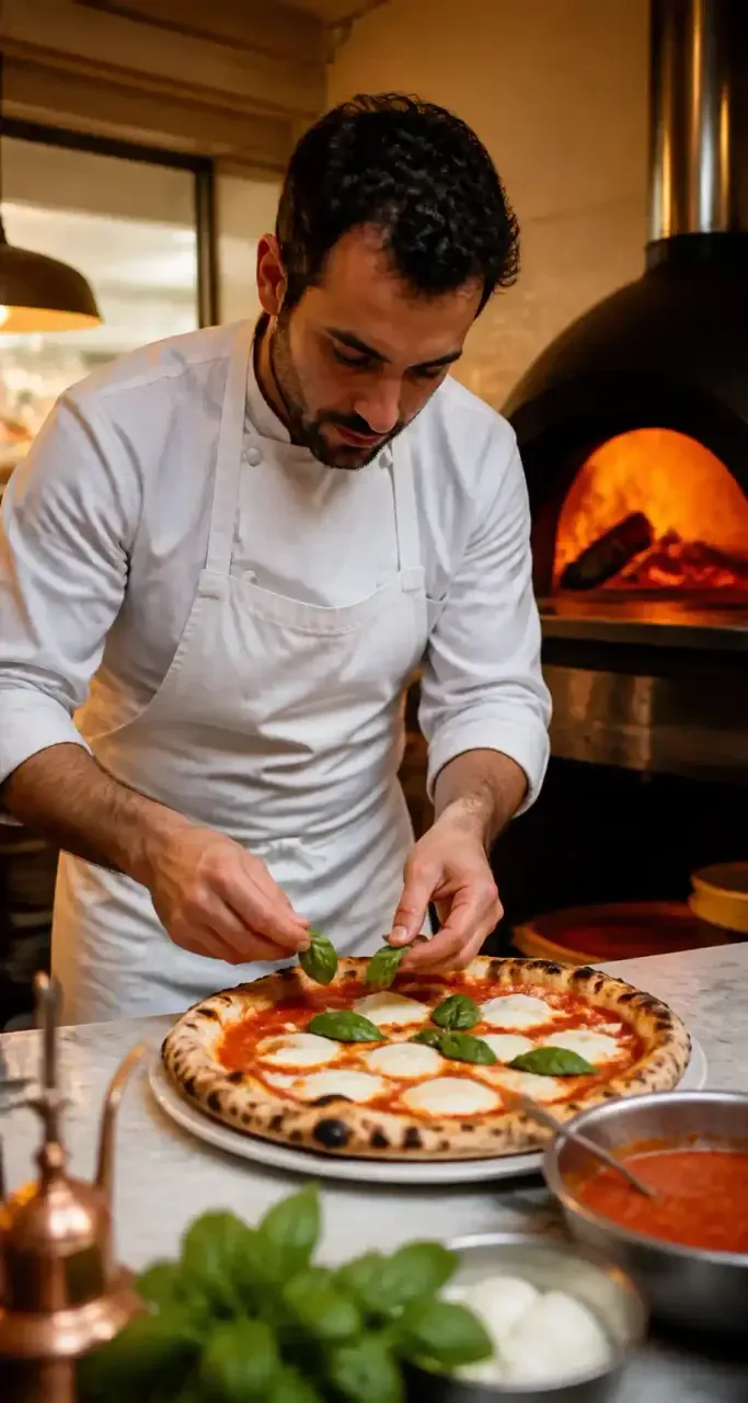 Chef preparant une pizza napolitaine devant un four a bois