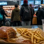 Food court mantes : file d’attente devant un comptoir et commande en livraison
