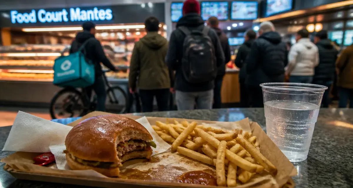 Food court mantes : file d’attente devant un comptoir et commande en livraison