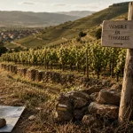 Panneau des grands crus sur le sentier viticole en Alsace, coteaux et vignes en terrasses