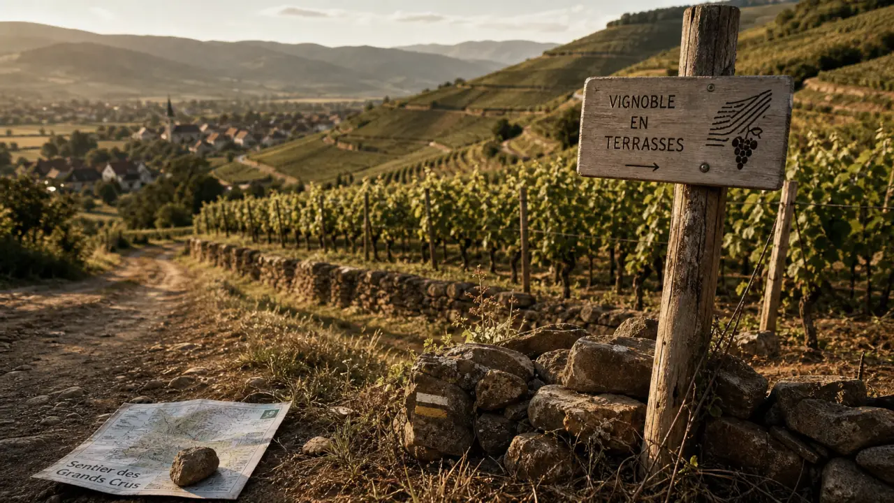 Panneau des grands crus sur le sentier viticole en Alsace, coteaux et vignes en terrasses