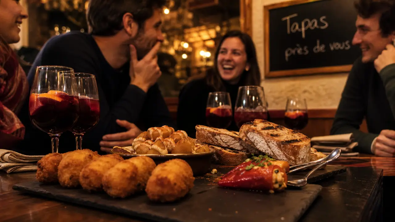 Restaurant de tapas : croquetas dorées et sangria en intérieur chaleureux