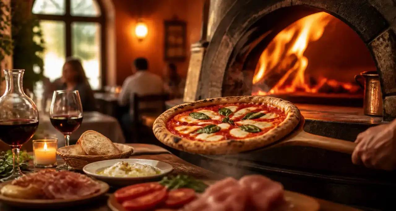 Pizza napolitaine sortant d'un four a bois dans une trattoria italienne, table conviviale dressee en arriere-plan