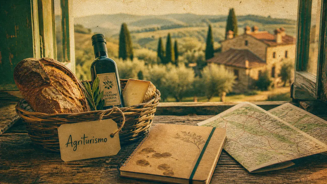 Agriturismo Italie : produits km 0 sur table devant une ferme toscane