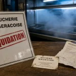 boucherie bergeracoise à Bergerac : liquidation judiciaire, affiche “LIQUIDATION” sur comptoir