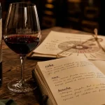 Culture oenologique : verre, bouteille et carnet de dégustation, terroir et cépage