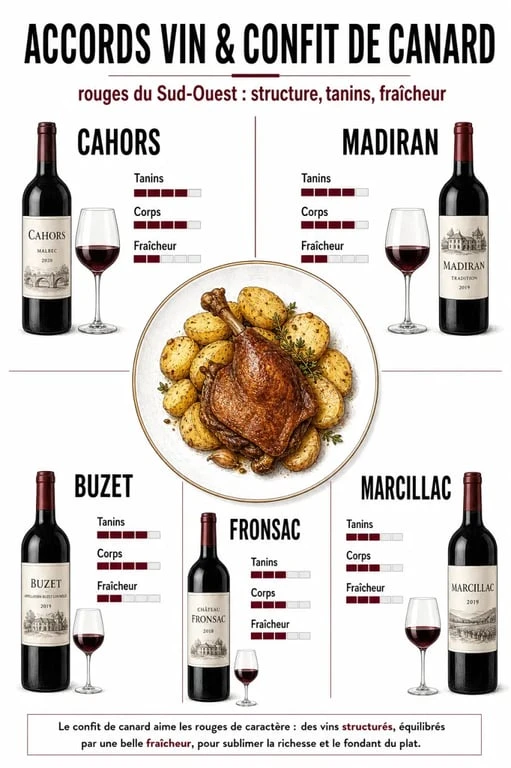 Quel vin avec un confit de canard : tableau comparatif des vins rouges recommandés et des meilleurs accords