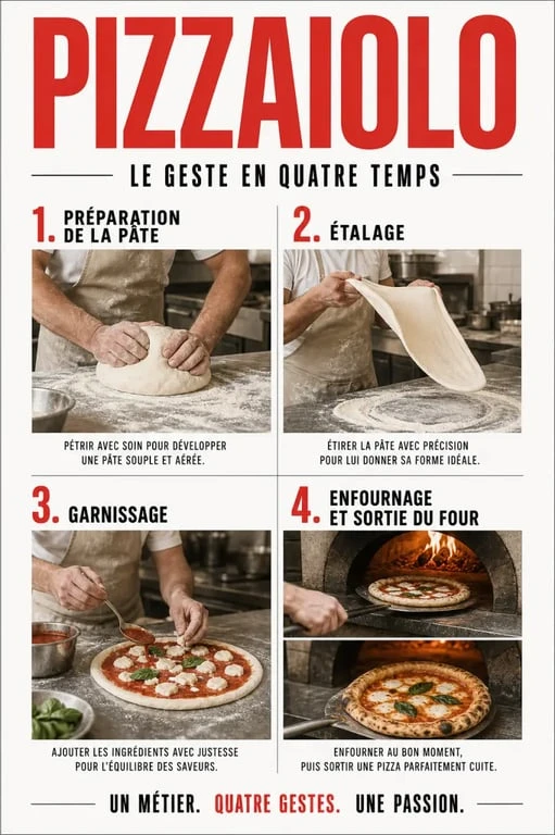 Profession pizzaiolo : visuel éditorial des étapes du service, de la pâte à la cuisson