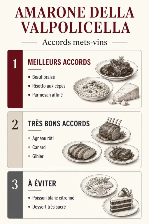 Amarone accord mets vins : visuel éditorial des meilleurs accords, des accords très bons et des accords à éviter