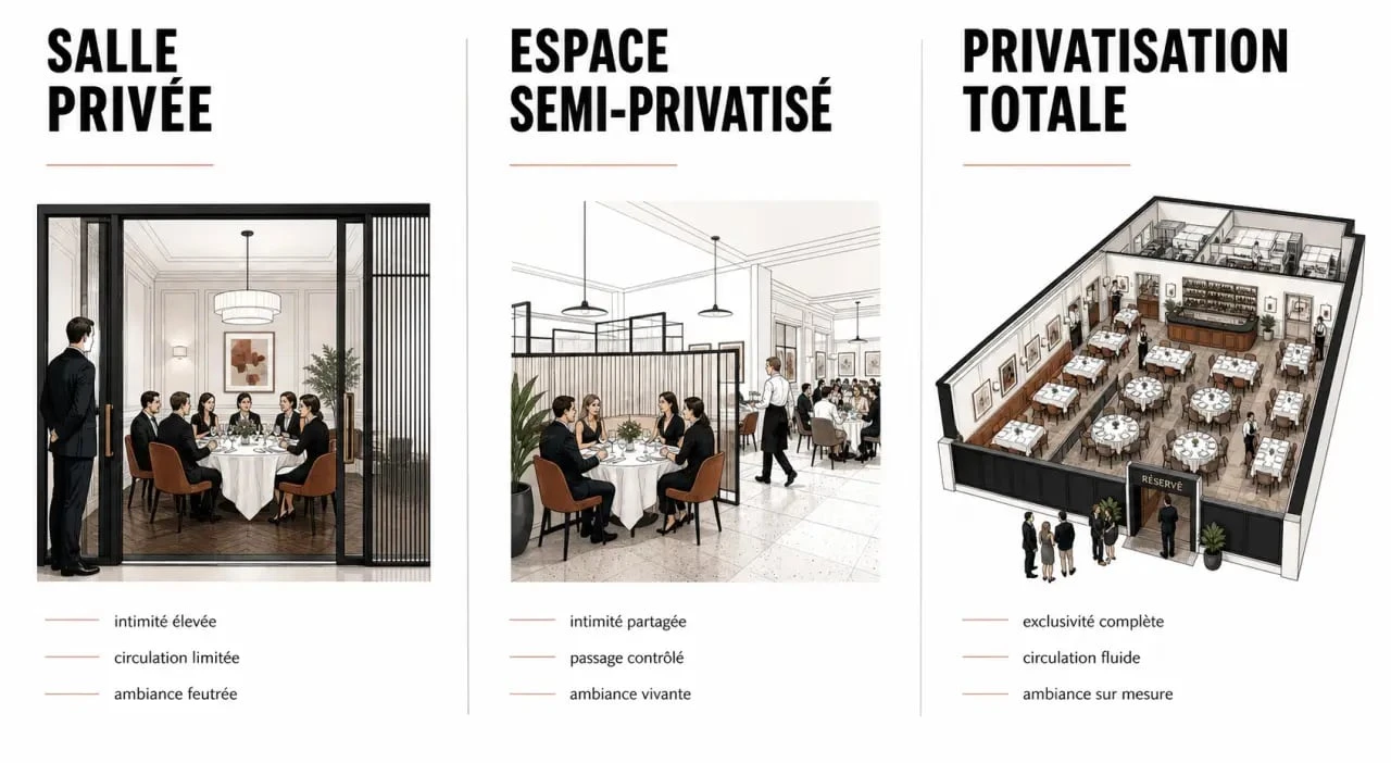 Privatiser un restaurant : illustration des formats salle privée, espace semi-privatisé et privatisation totale
