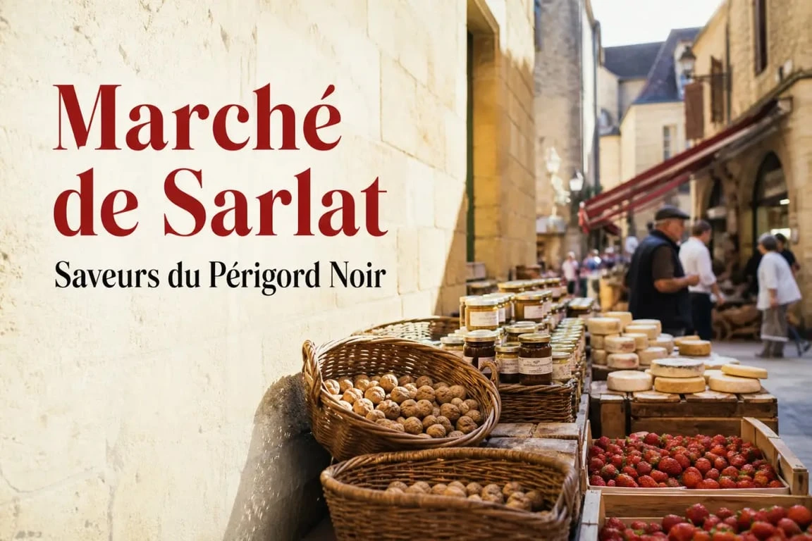 Marché perigord noir animé dans les ruelles médiévales de Sarlat