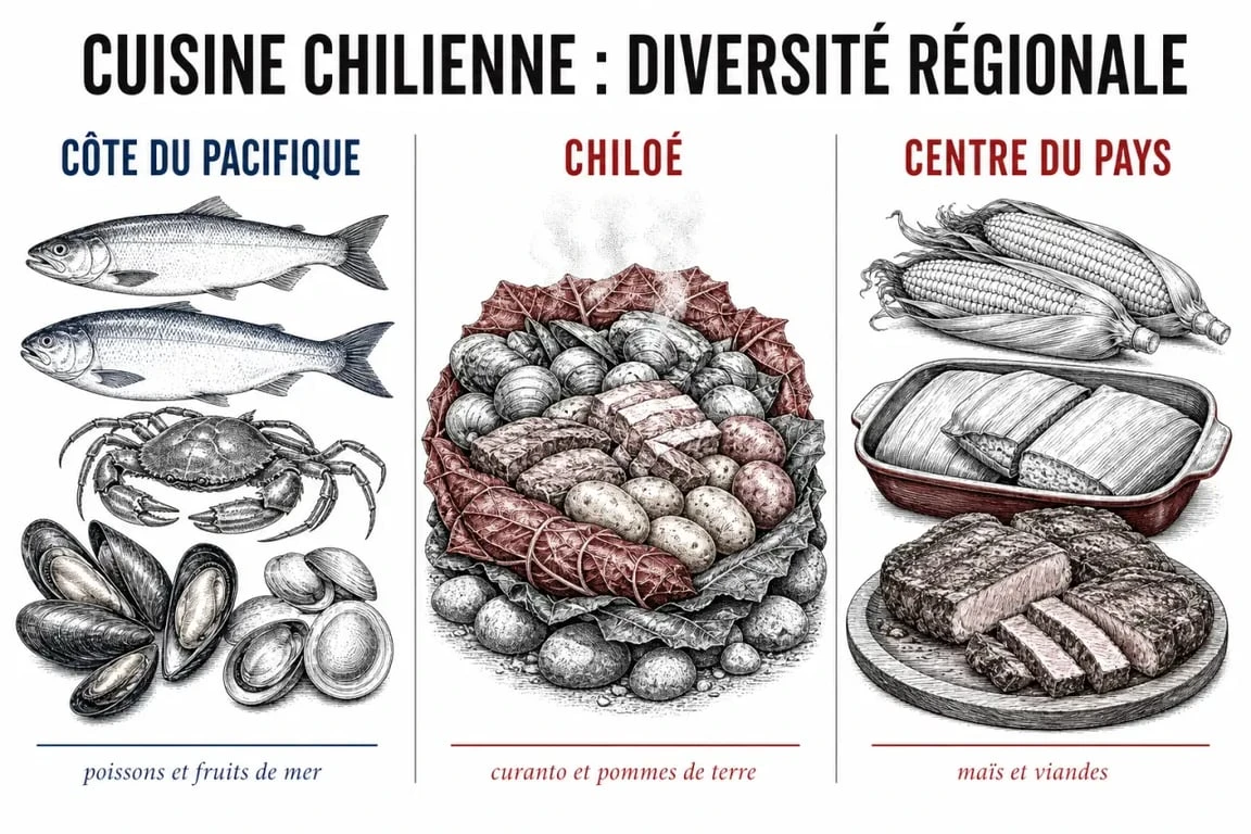 Nourriture du Chili : diversité régionale entre littoral, Chiloé et terres agricoles