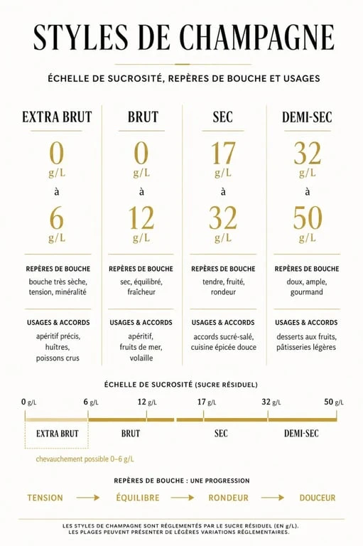 Infographie sur la différence brut et demi sec du champagne avec l’échelle de sucrosité et les seuils en g/L