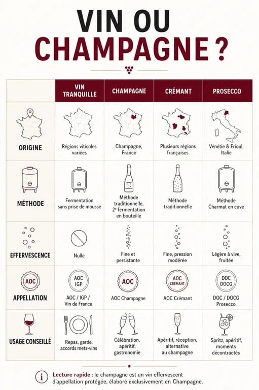 Vin ou champagne : infographie comparative des différences entre vin, champagne, crémant et prosecco