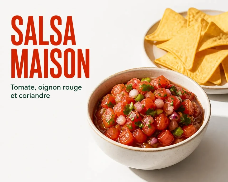 Recette sauce salsa maison servie avec des nachos dans un bol en céramique