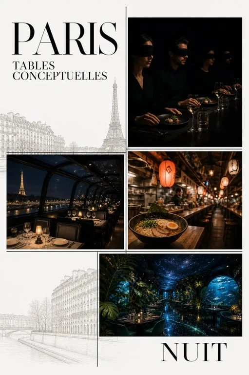 Restaurant concept original Paris : collage éditorial des univers obscurité, bus panoramique, ramen japonais et immersion jungle ou océan