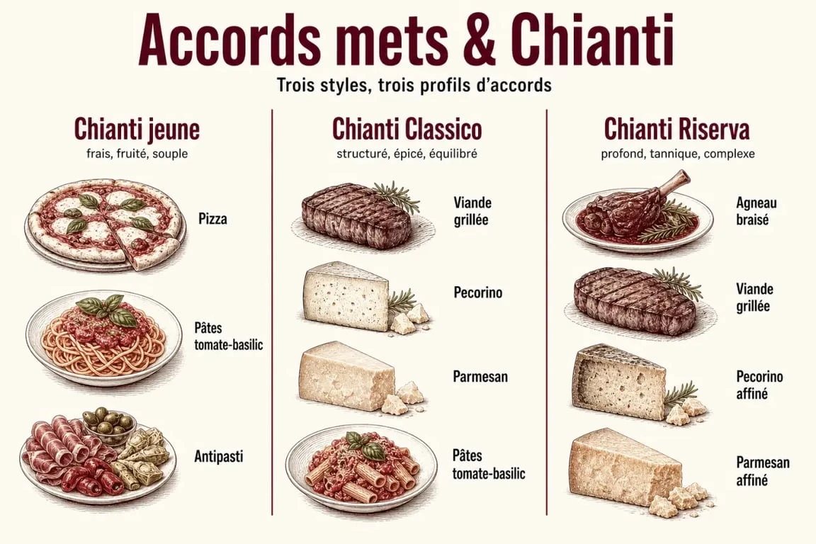 Chianti accord mets vins : les styles jeune, Classico et Riserva avec leurs accords