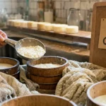 Ferme de fromage de chevre en vente directe : main tenant du caillé