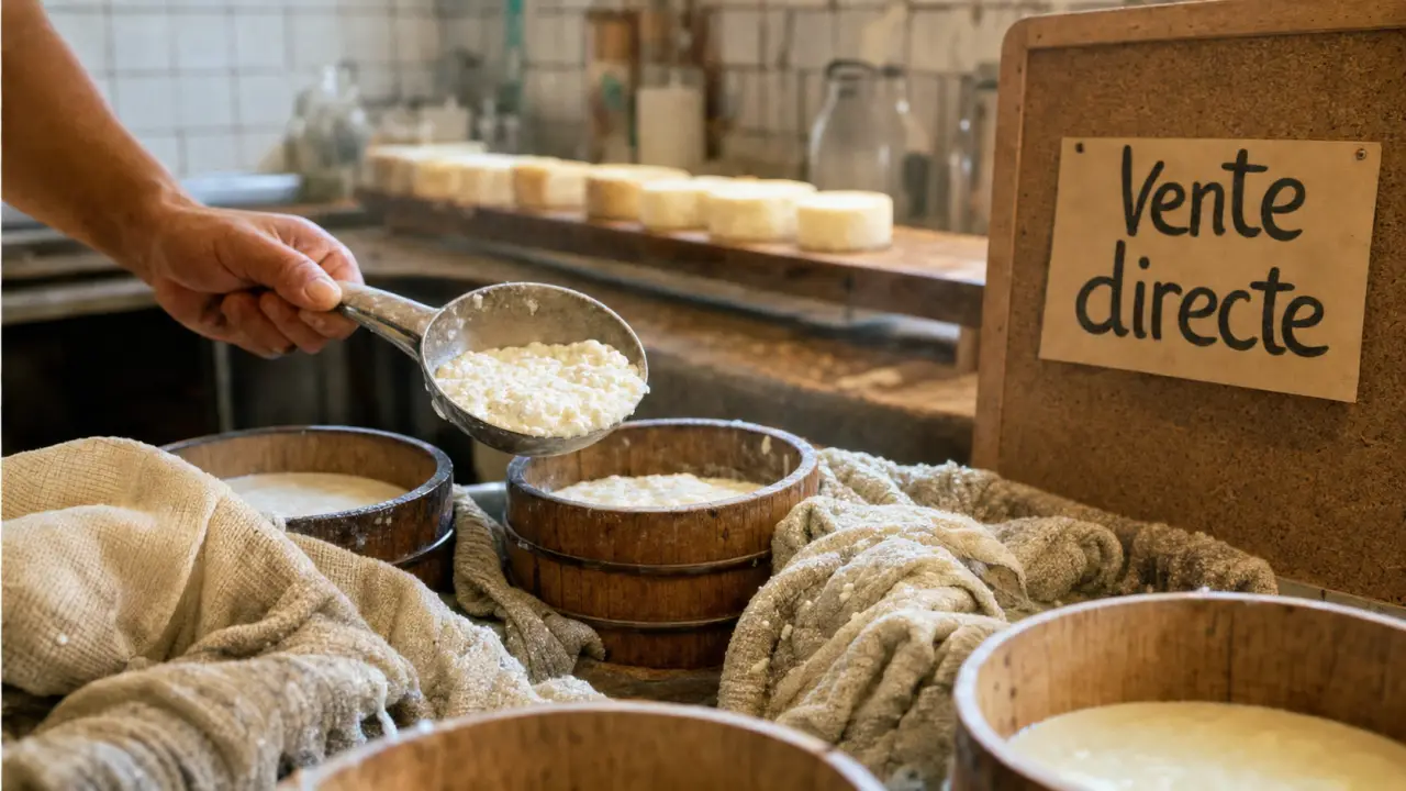 Ferme de fromage de chevre en vente directe : main tenant du caillé