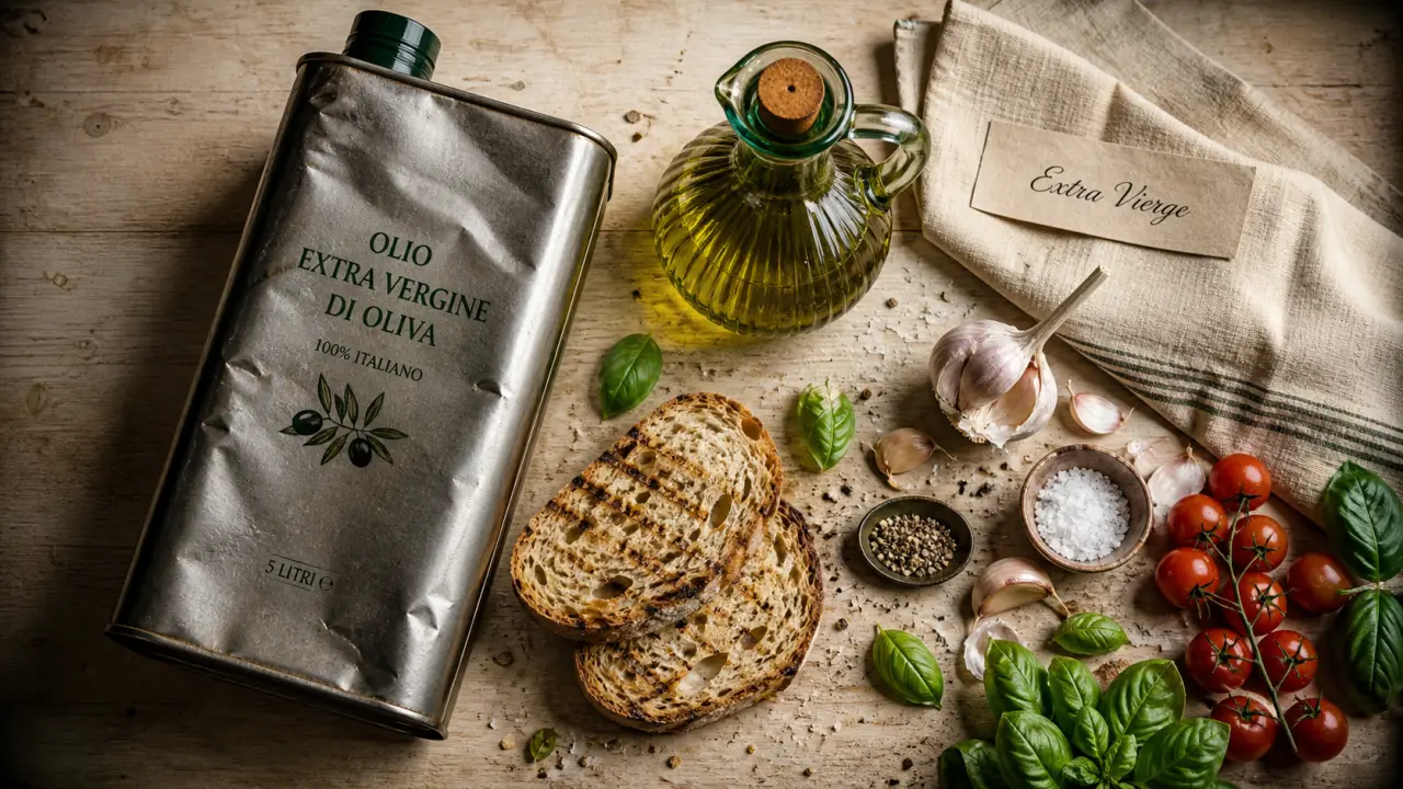 Huile d olive italienne 5 litres, bidon extra vierge, sur plan de bois
