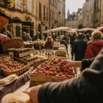 Marché perigord noir à Sarlat : étals en ruelles médiévales
