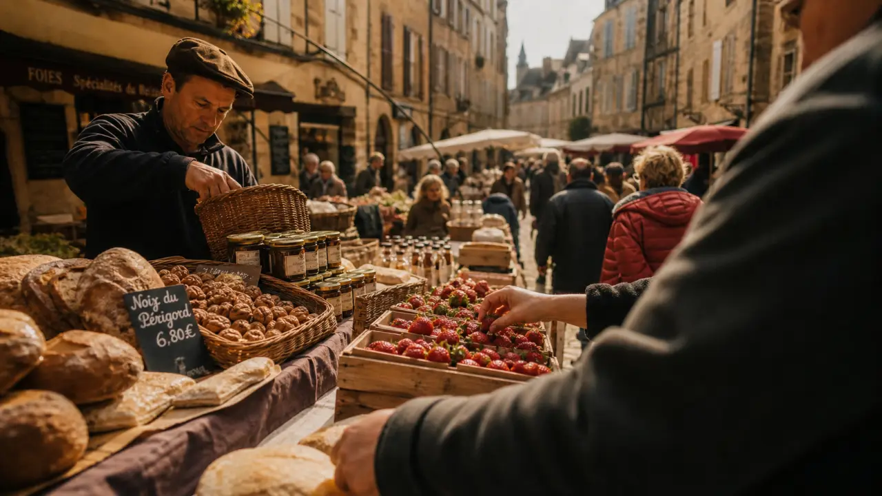 Marché perigord noir à Sarlat : étals en ruelles médiévales