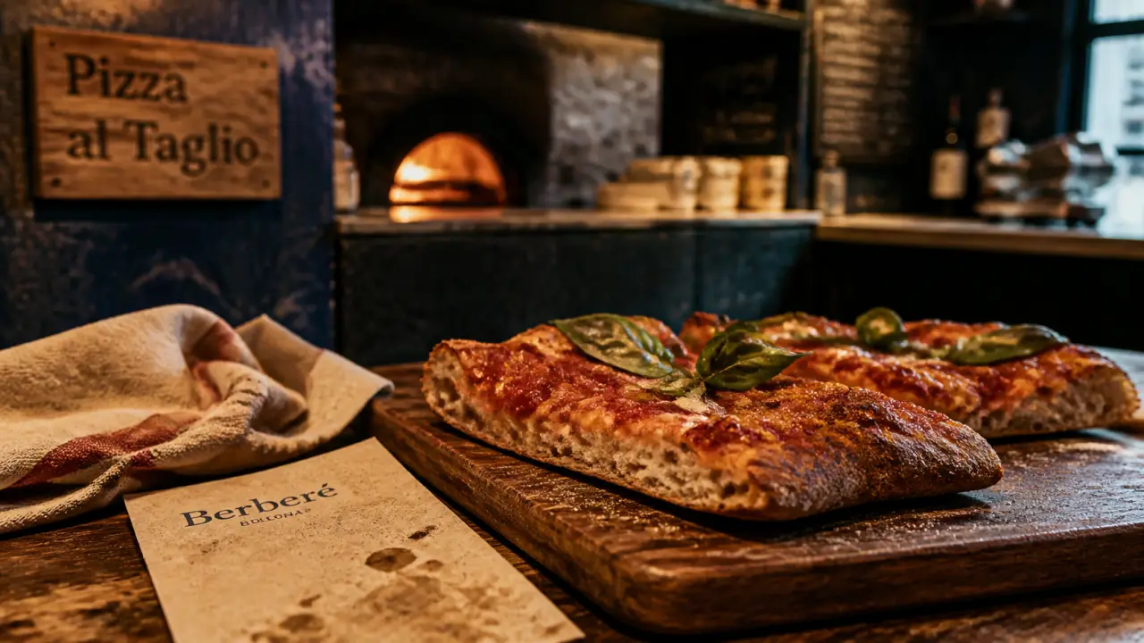 Pizza a bologna al taglio, bord scrocchiarella alvéolé, basilic frais