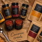Produit réunion : épices créoles, café et piment sur table en bois