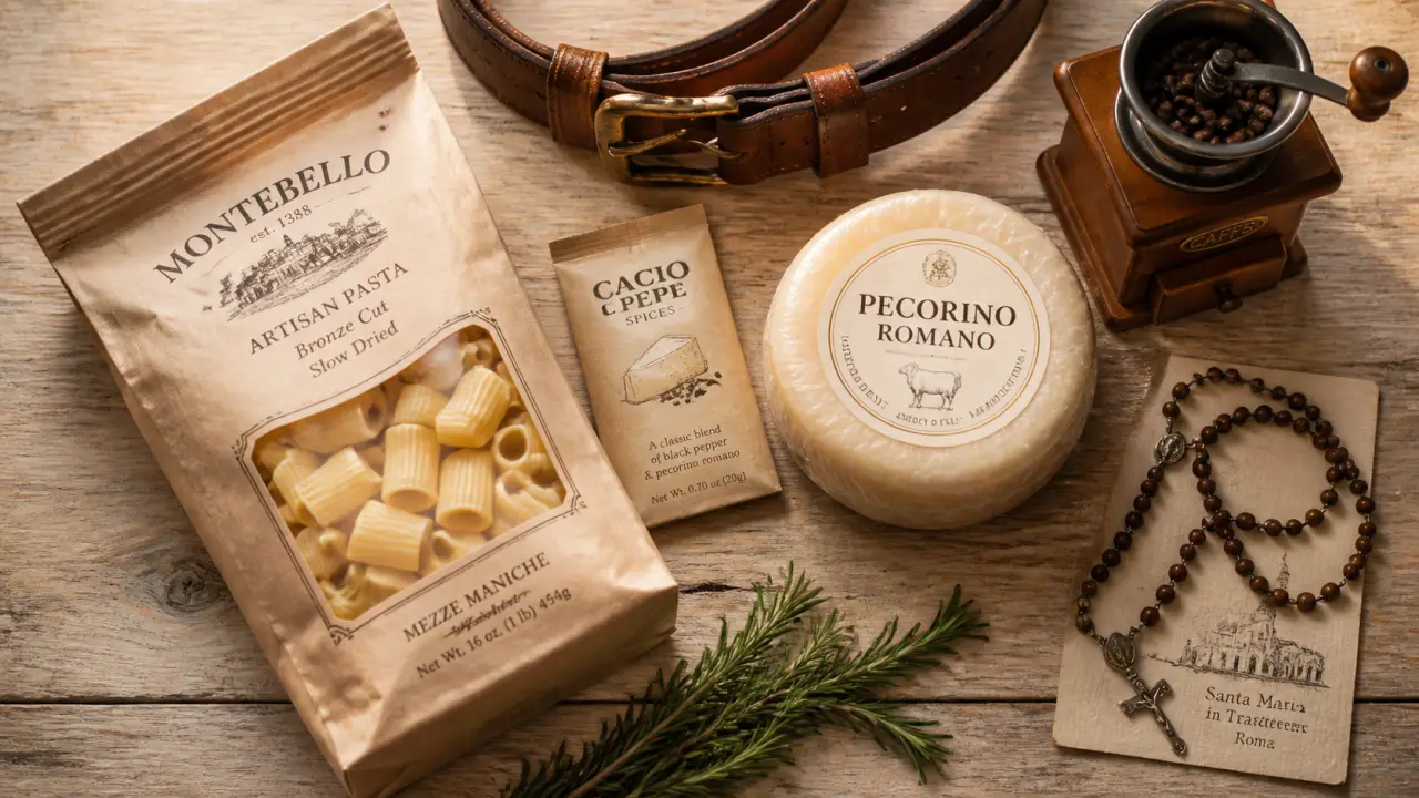 Que ramener de Rome : pâtes artisanales, épices et pecorino sur table bois