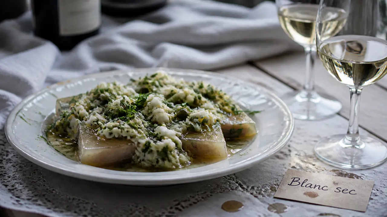 Quel vin servir avec une tête de veau sauce gribiche : blanc sec, verres de vin blanc et sauce gribiche