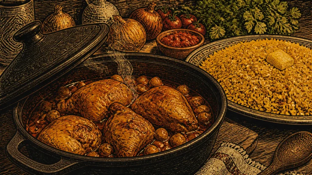 Poulet marocain fondant : sauce aux pois chiches, citron confit et riz safrané