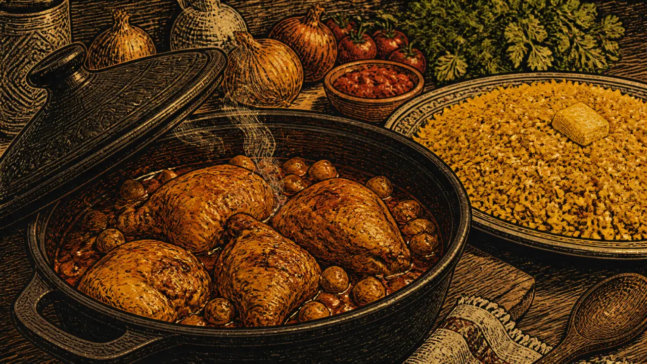 Recette au poulet marocain : poulet fondant sauce pois chiches, citron confit et riz safrané