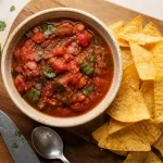Recette sauce salsa maison tomate jalapeño, bols et nachos sur bois