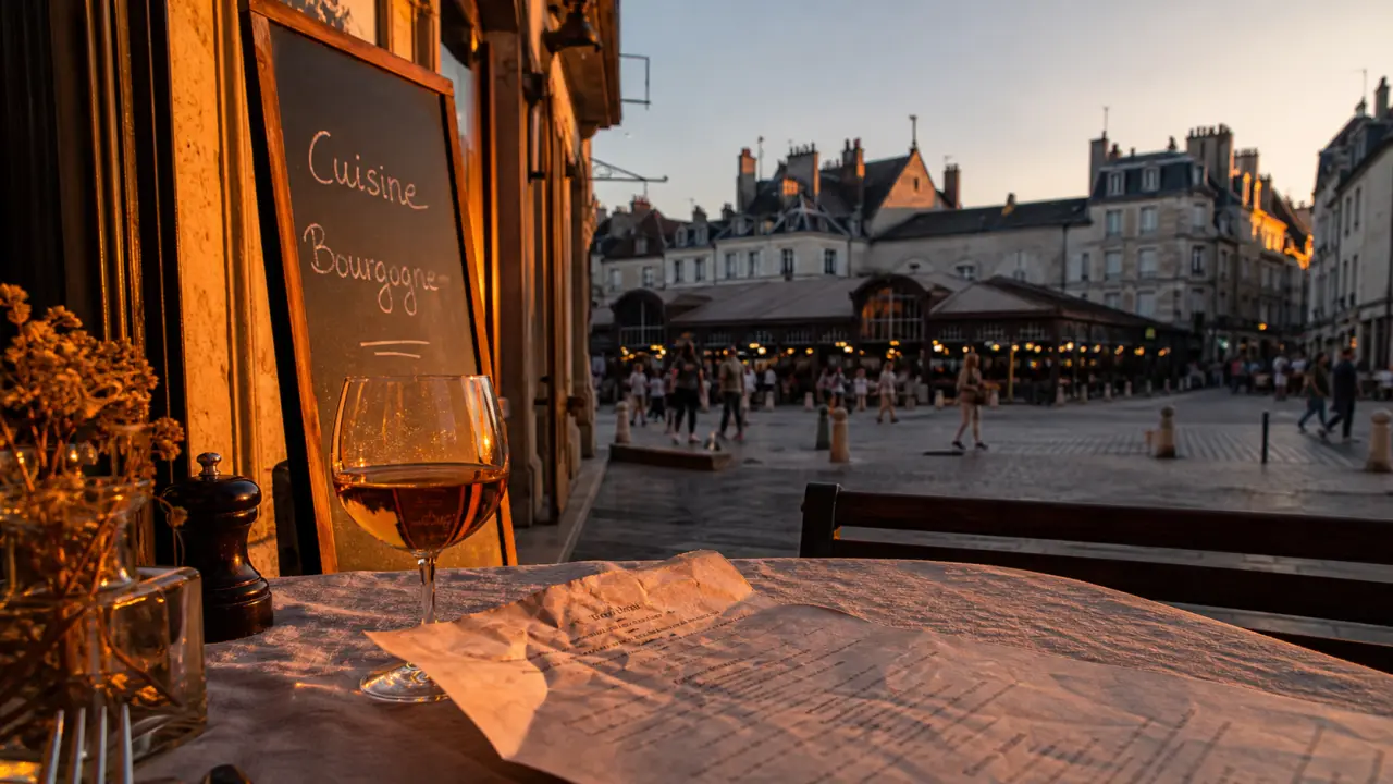Terrasse de restaurant sur la place du Marché de Dijon, vue sur les Halles