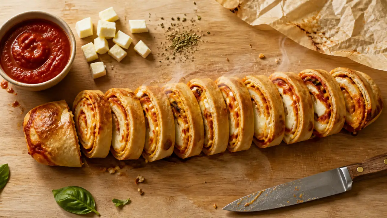 Rotolini di pizza dorés, spirales, sauce tomate et mozzarella