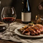 accord mets vins gevrey-chambertin : gibier, volailles, champignons sur table en bois