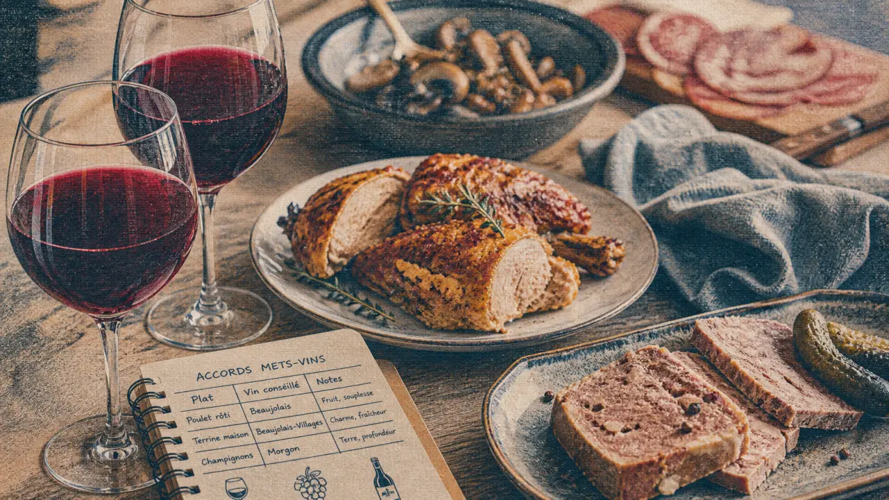 Accords mets vins beaujolais : poulet rôti et terrine avec gamay