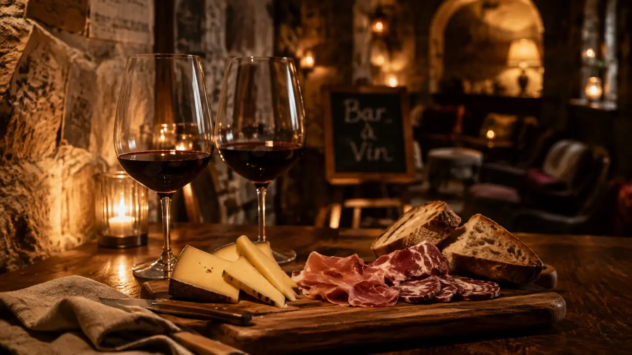 Bar à vin romantique paris : verres rouges et planche dégustation