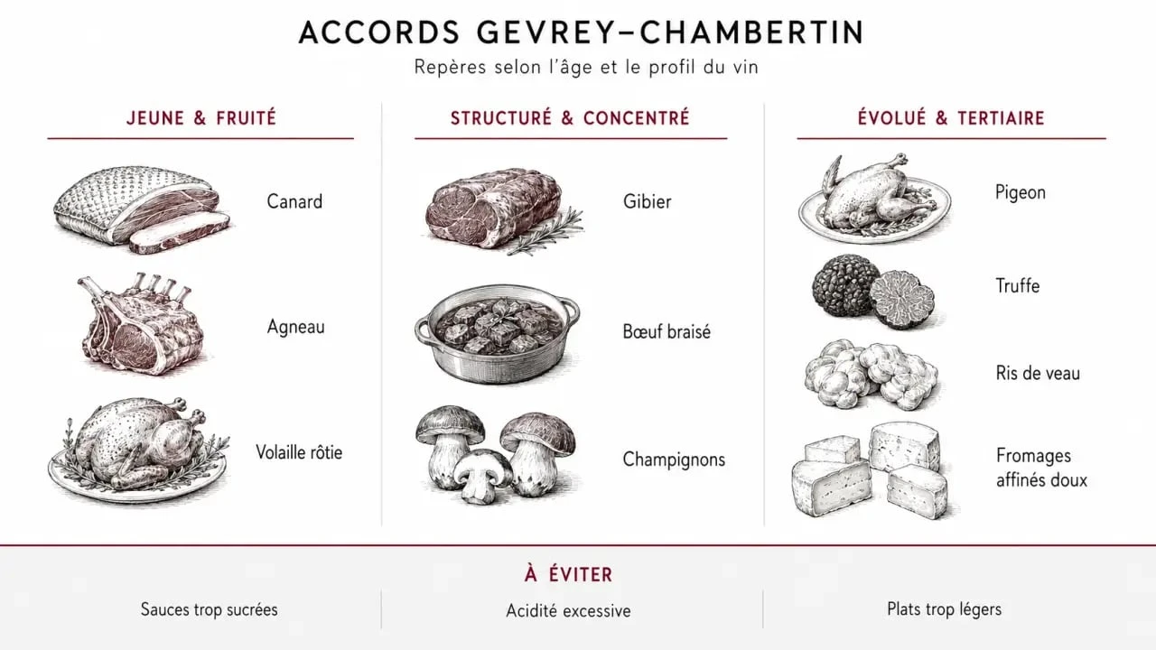 Gevrey-Chambertin accord mets vins gevrey-chambertin selon le style du vin : jeune, structuré ou évolué