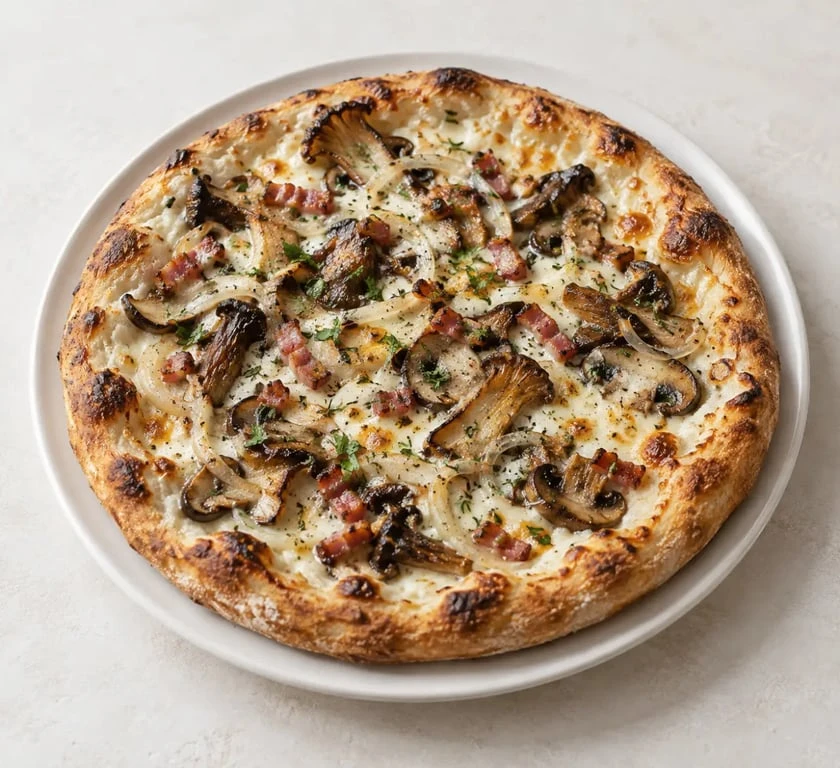 Pizza forestière maison aux champignons, lardons et mozzarella