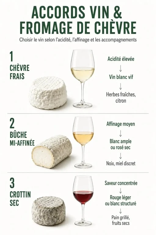 Vin avec fromage de chèvre : accords selon chèvre frais, bûche mi-affinée et crottin sec