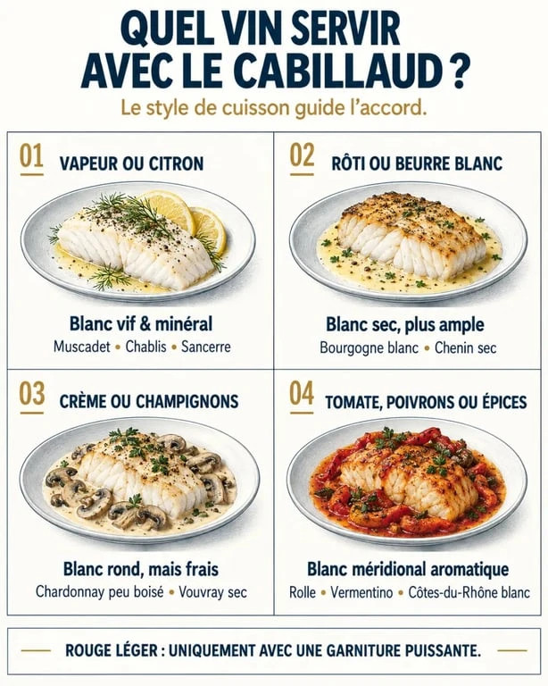 Infographie pour savoir quel vin servir avec du cabillaud selon la cuisson et la sauce