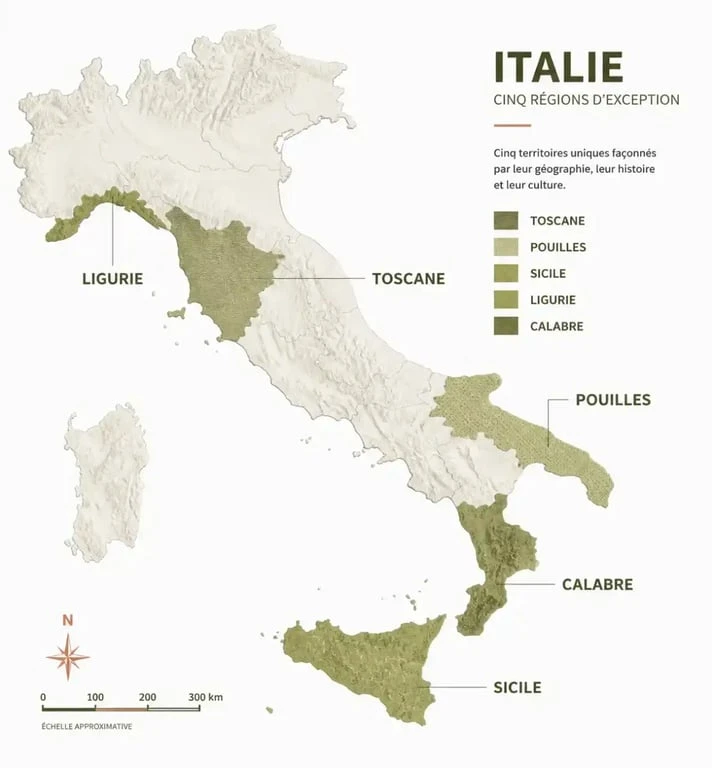 Carte des régions italiennes productrices de la meilleure huile d'olive italienne