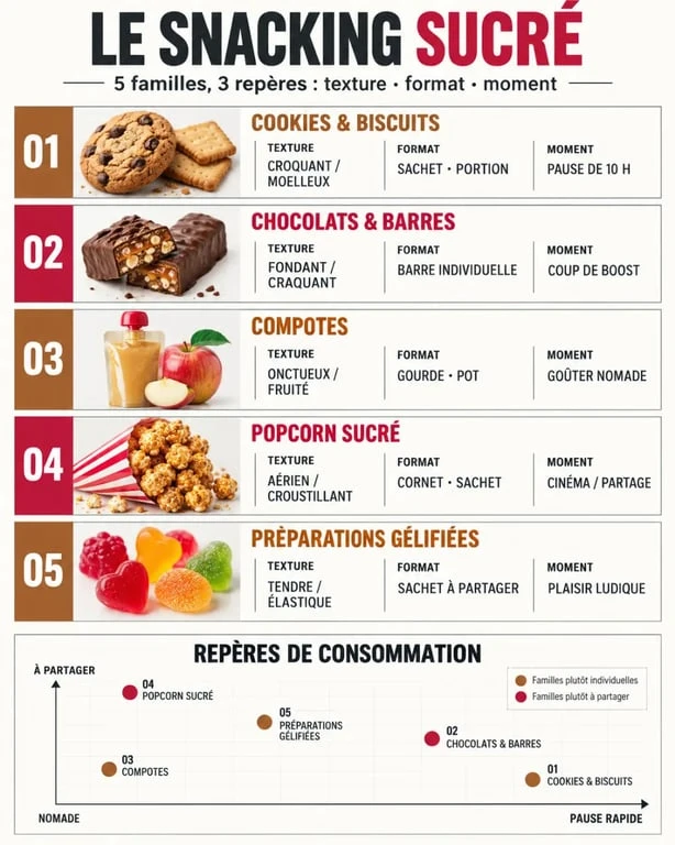 Infographie des familles de snacking sucré, textures, formats et moments de consommation