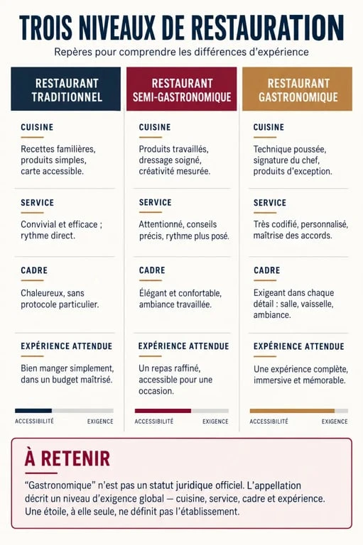 Restaurant gastronomique définition : infographie comparant restaurant traditionnel, semi-gastronomique et gastronomique