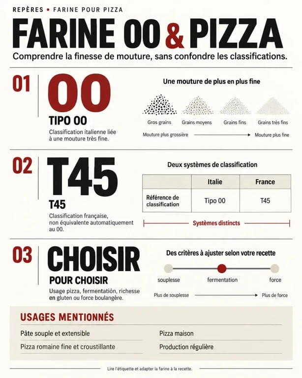 Infographie pour choisir une farine 00 pizza selon le type de pâte et la fermentation