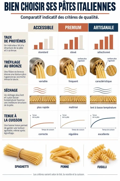 Infographie pour choisir la meilleure pates italienne selon les protéines, le tréfilage au bronze et le séchage