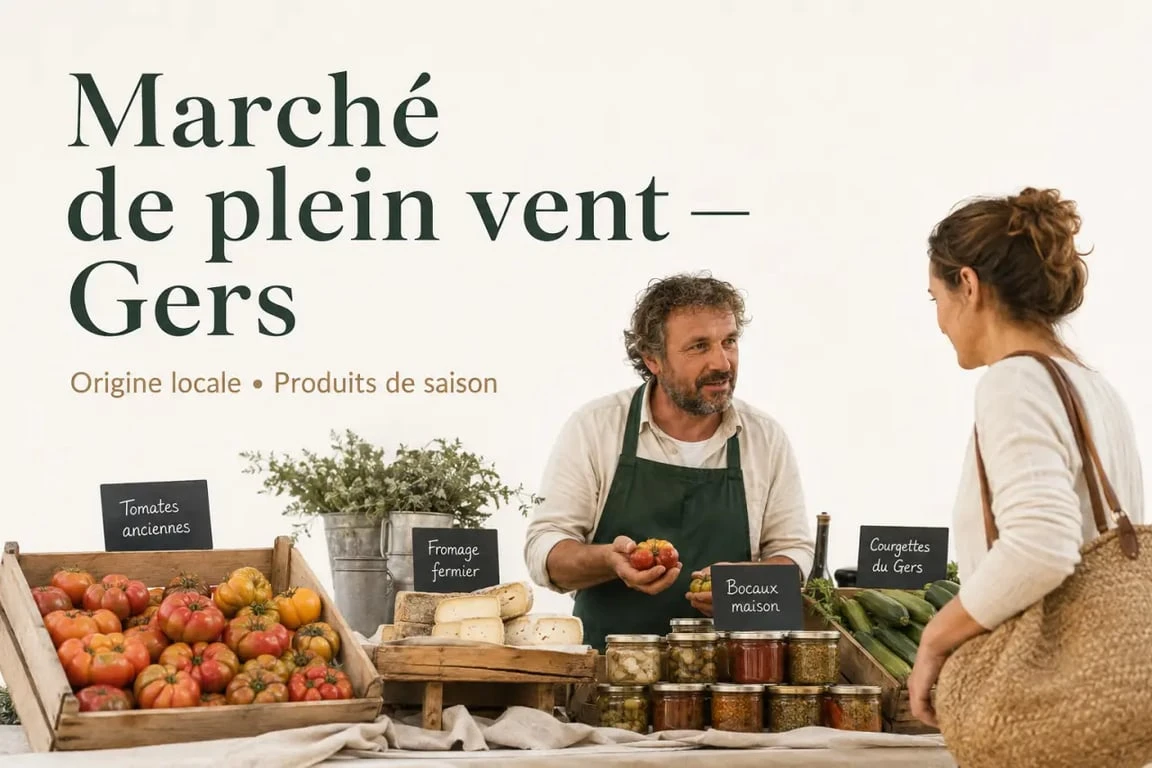 Producteurs locaux Gers sur un marché de village, avec étals de saison et vente directe