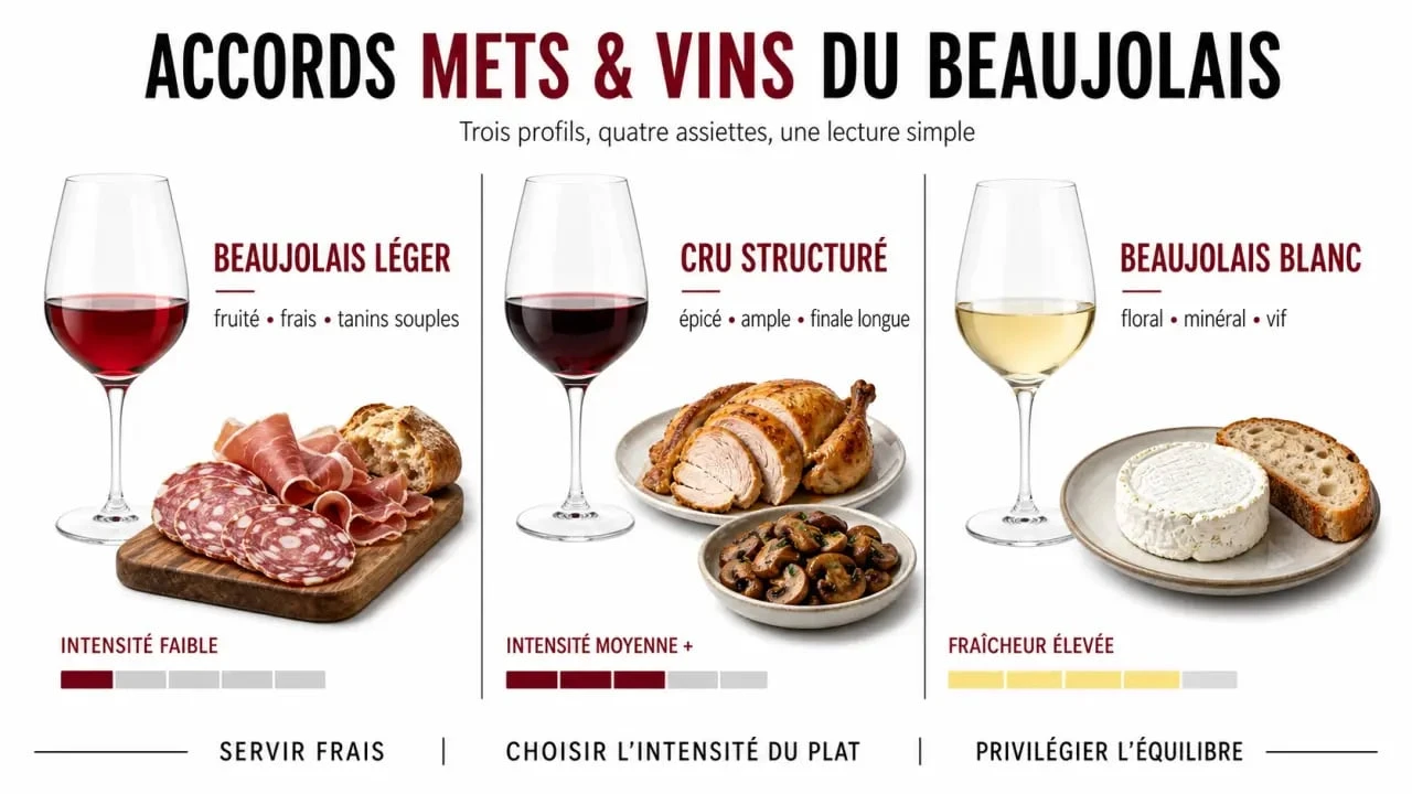 Accords mets vins beaujolais : visualisation éditoriale des styles de vin et des plats associés