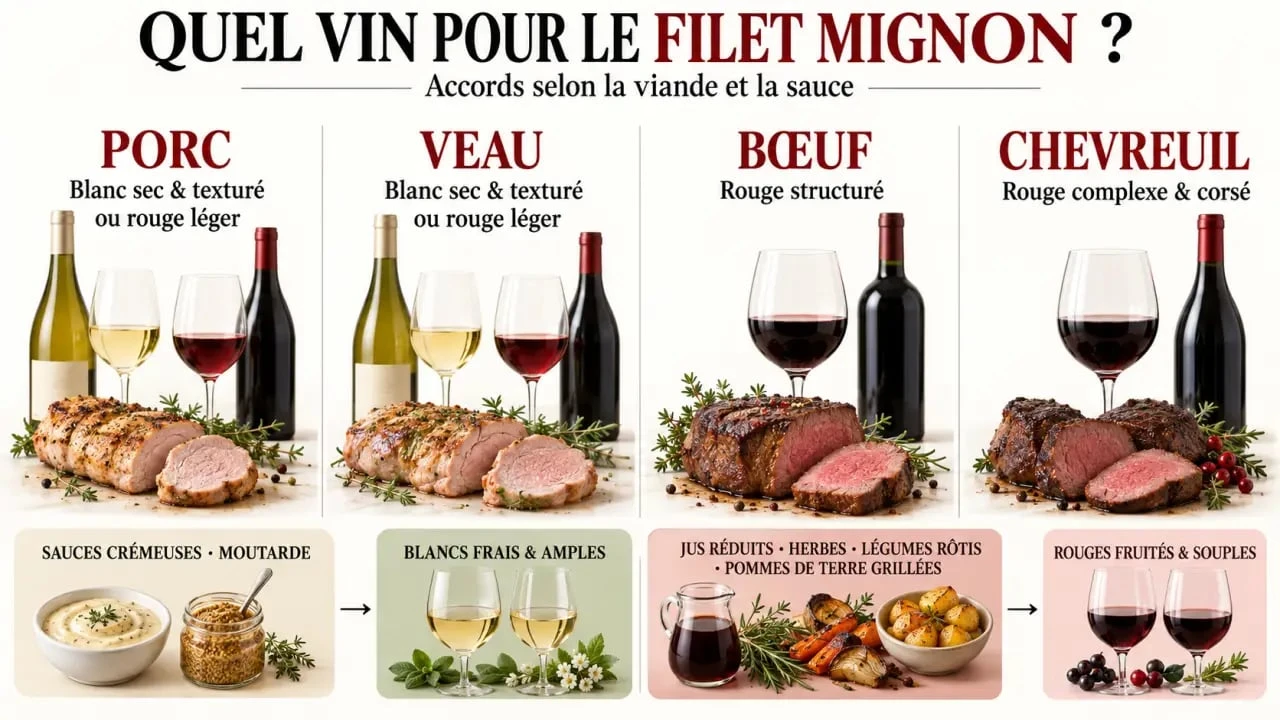 Vin pour filet mignon : accords entre porc, veau, bœuf, chevreuil, sauces et styles de vins